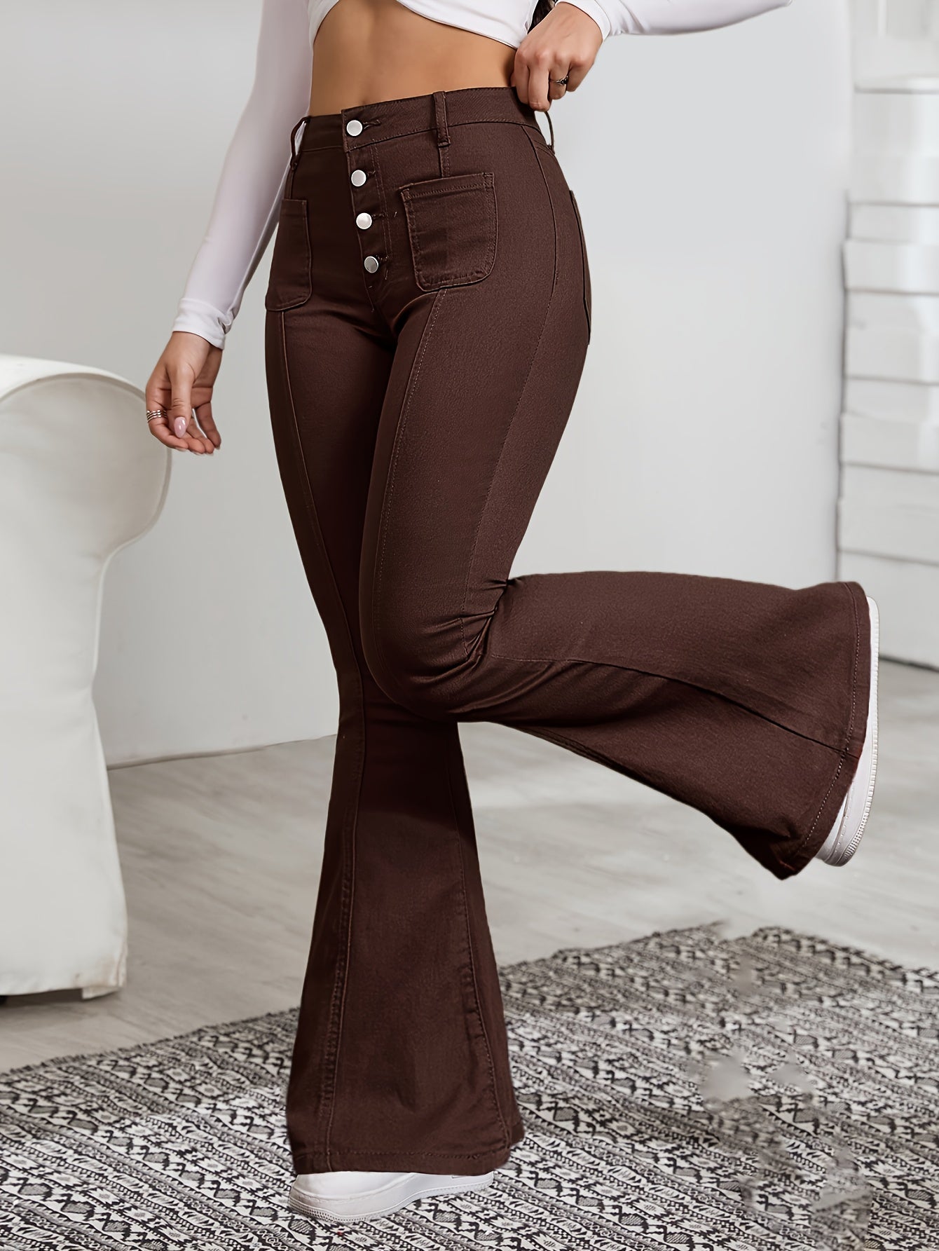 1pc Women'S High Waist Coffee Brown Flare Jeans, Casual Solid Color Denim, All-Season Long Pants with Button Fly, Skinny Fit, Washed Detail, Woven Fabric, Stretchy (98% Rayon, 2% Spandex)